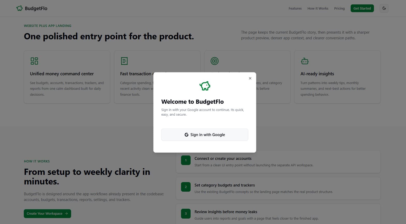 Finance tool login and onboarding screen — client MVP build