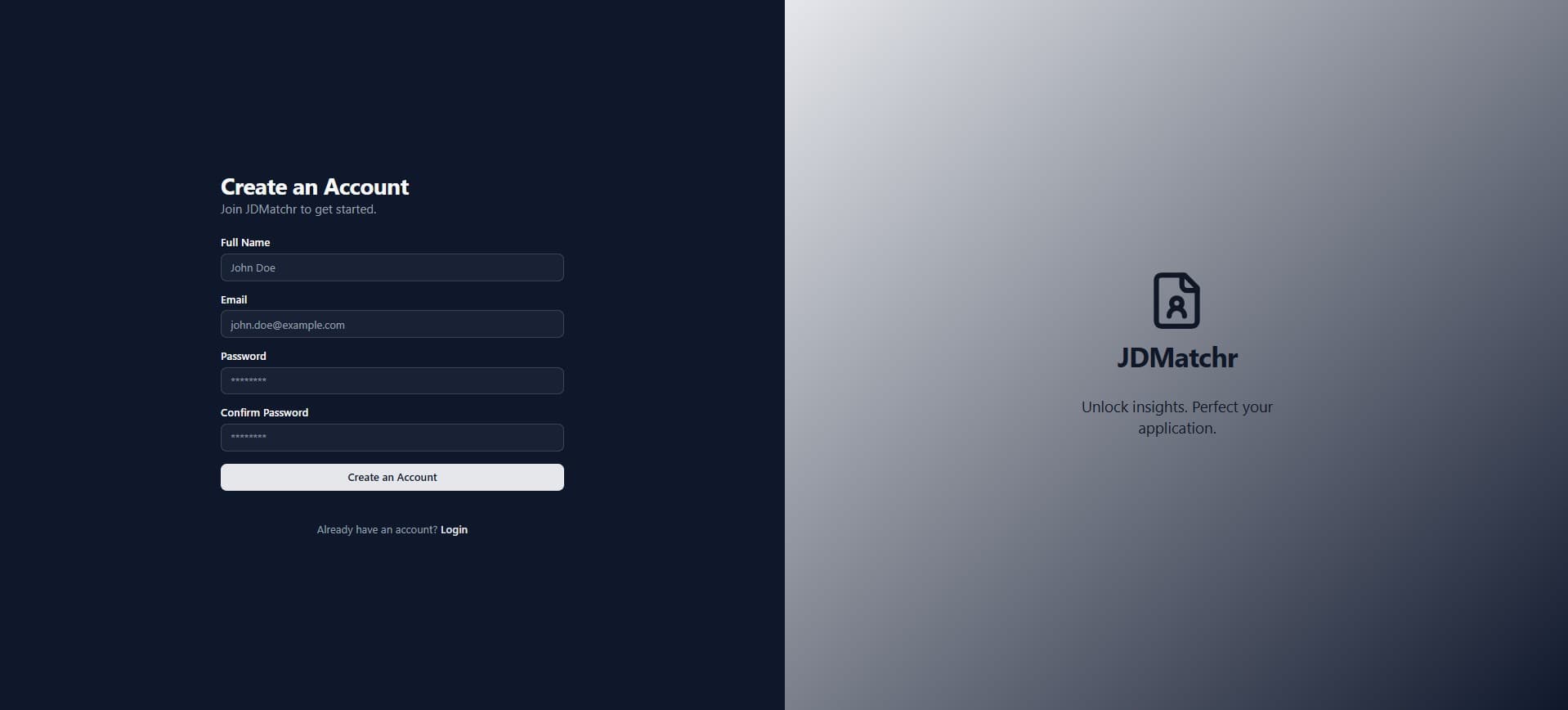 ATS Analyzer tool login screen — separate client MVP build