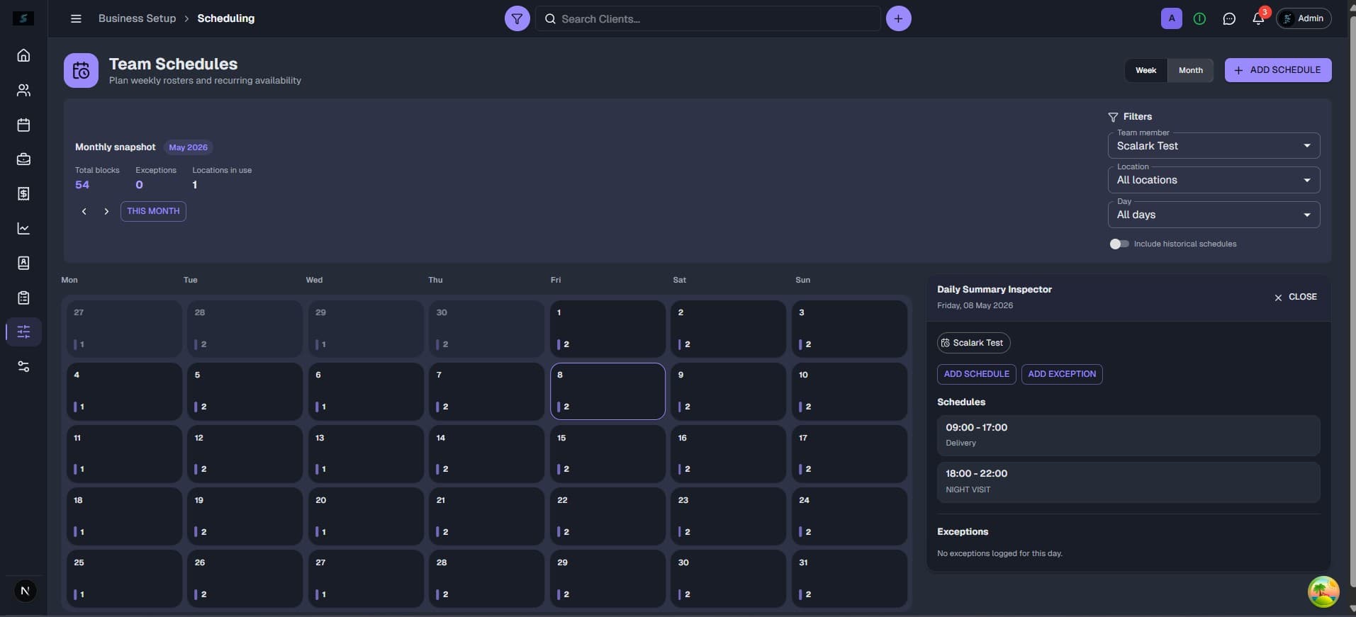 Scheduling and shift management screen — operations platform